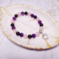 Браслет с розовым кварцем, гранатом-альмандином и аметистом