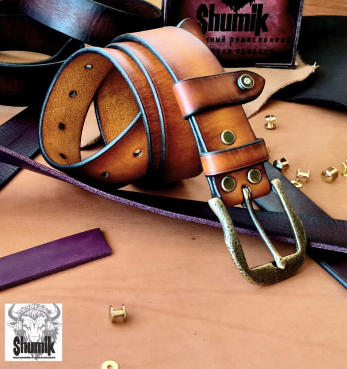 Ремень из натуральной кожи авторской ручной работы «Песочный берег» — изображение 4
