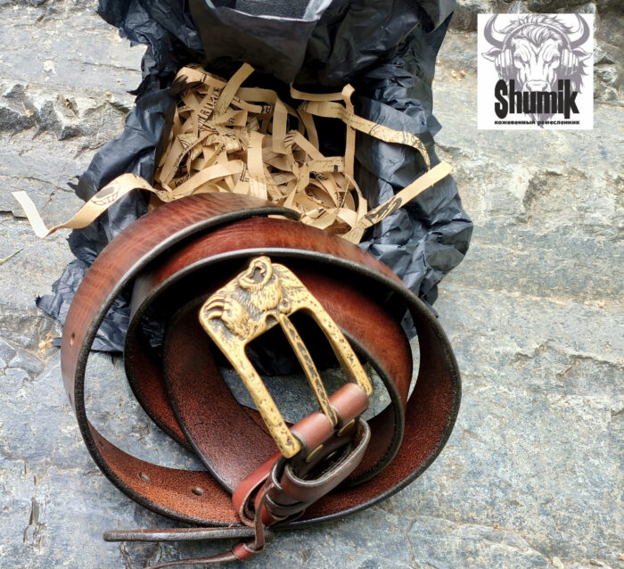 Ремень из натуральной кожи авторской ручной работы « медведь» — изображение 5