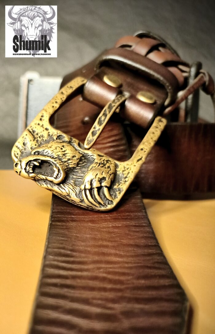 Ремень из натуральной кожи авторской ручной работы « медведь» — изображение 6