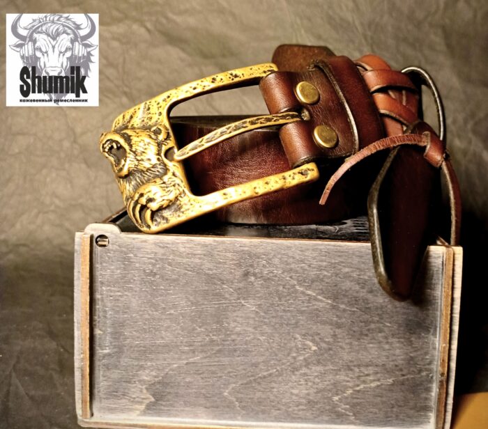 Ремень из натуральной кожи авторской ручной работы « медведь» — изображение 2