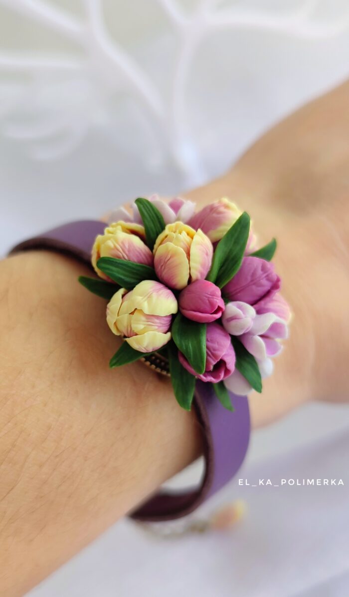 Комплект: браслет из натуральной кожи и серьги с тюльпанами — изображение 5