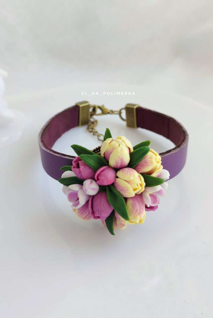 Комплект: браслет из натуральной кожи и серьги с тюльпанами — изображение 2