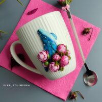 Кружка "Кит в пионах" и ложка с пионами из полимерной глины