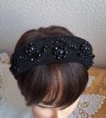 Кокошник ручной работы из чёрной экозамши с декором, на ободке