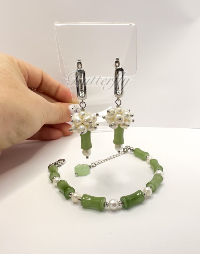Браслет и серьги жемчуг и нефрит — изображение 2