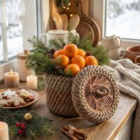 Плетеная круглая шкатулка корзинка