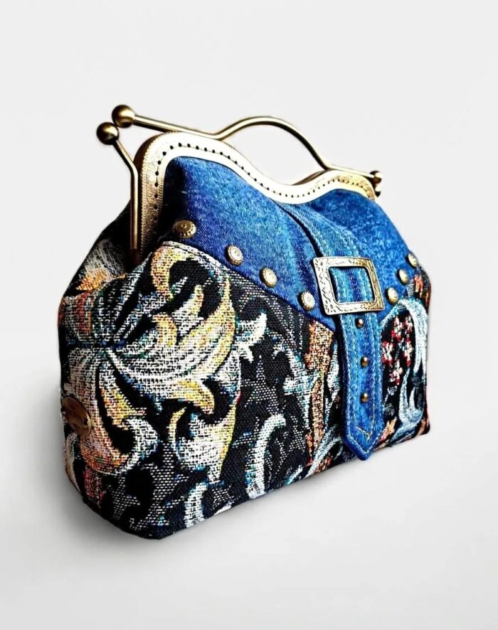 Сумка женская из джинсы и гобелена, саквояж — изображение 2