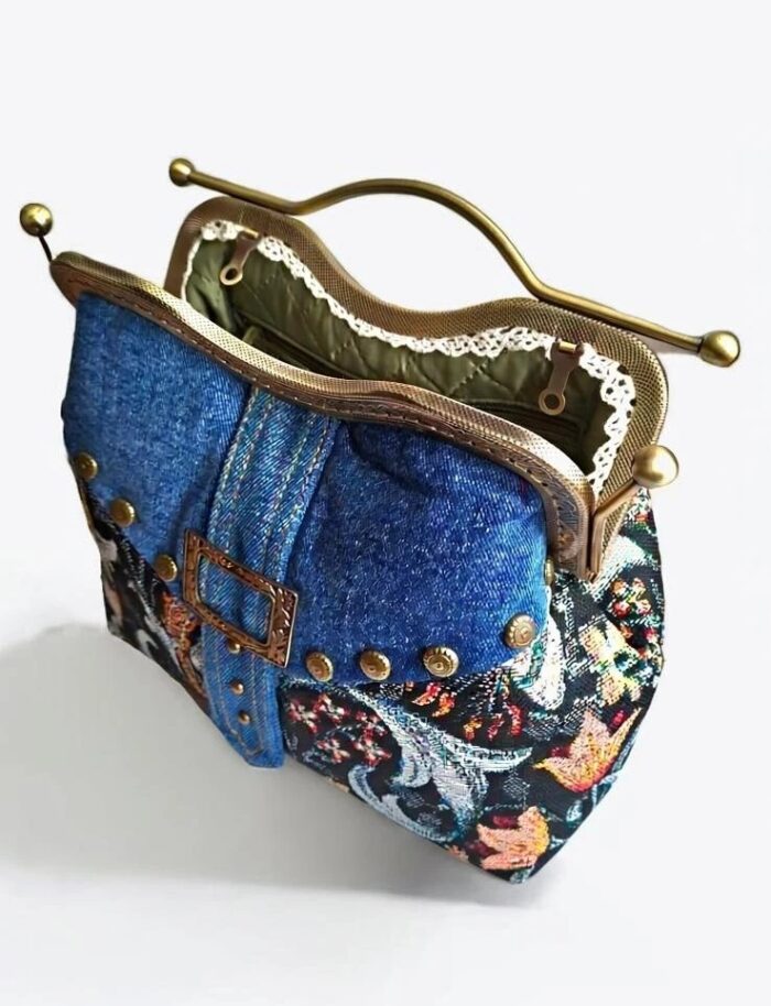 Сумка женская из джинсы и гобелена, саквояж — изображение 4