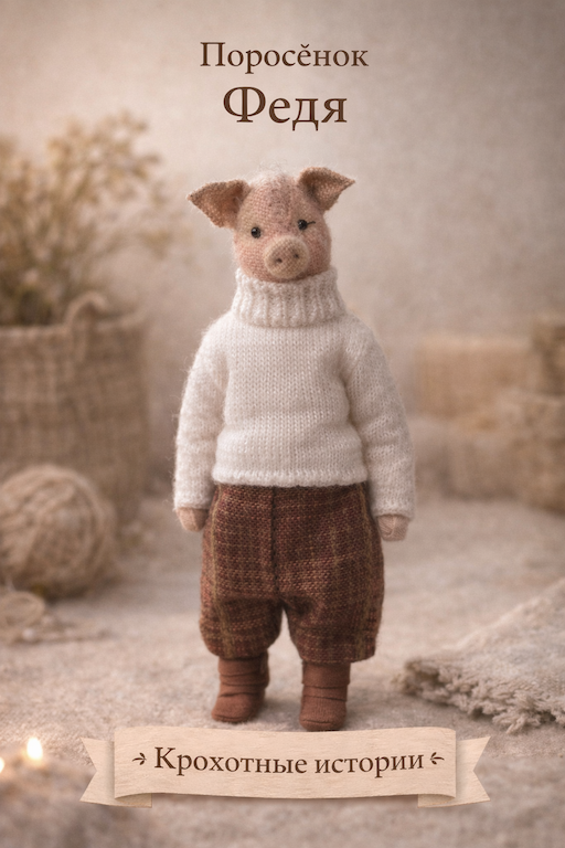 Фото 1(обложка) Федя Поросёнок Федя — авторская игрушка ручной работы Серия «Крохотные истории» Поросёнок Федя — миниатюрная текстильная игрушка ручной работы с характером маленького исследователя.