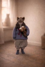 Кот Арчи — интерьерная авторская игрушка ручной работы из серии «Крохотные истории». Каждый Арчи создаётся в единственном экземпляре, с вниманием к фактуре тканей, посадке одежды и настроению образа.