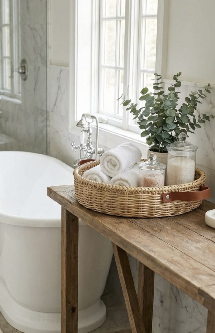 Плетеный круглый поднос с кожаными ручками — изображение 2