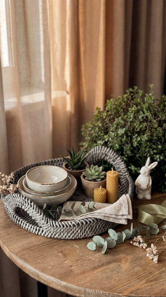 Плетеный круглый поднос с ручками — изображение 2