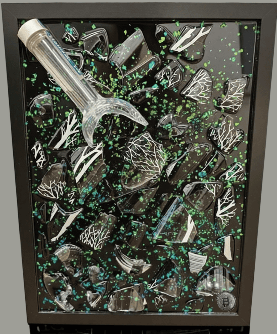 глитер зелен Арт-объект «Изумрудный взрыв» (эпоксидная смола, глитер, разбитая бутылка, черная рамка) — изображение 1