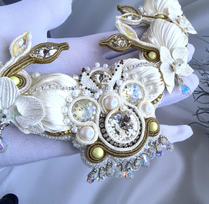 Свадебный комплект украшения, с лентой шибори и сутажа, с добавлением цветов орхидеи ручной работы и кристаллов